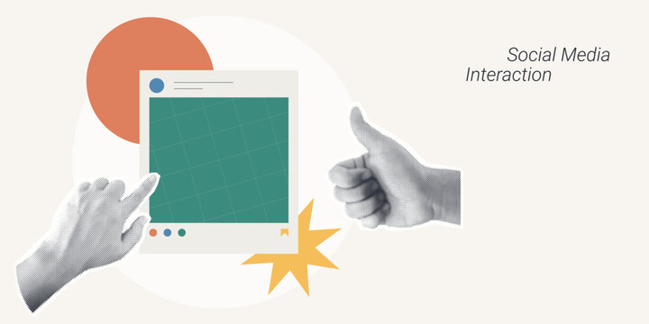 Trendy Halftone Collage of two halftone hands holding a social media post frame with a thumbs up and star burst, symbolizing social media interaction and approval, ideal for digital marketing content.