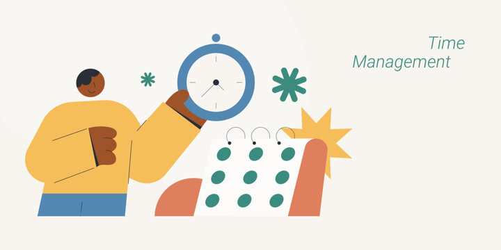 Flat design of a confident character holding a clock over a calendar with star burst elements, symbolizing time management and scheduling, ideal for productivity and business planning content.