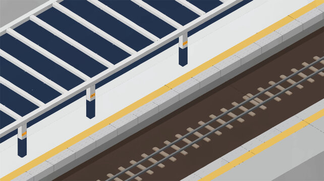 Isometric view of a train station platform with railway tracks and solar panels on the roof