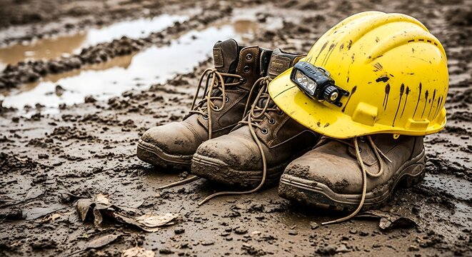 Construction site safety gear - boots and helmet.