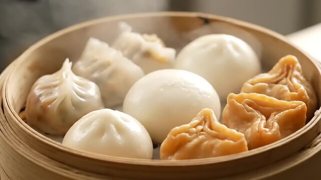 Steaming Basket Filled with Assorted Delicious Dumplings and Buns.