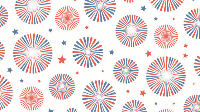 red blue and white fireworks pattern with stars on white background