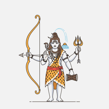 Lord Shiva Hindu Deity Vector Illustration with Trident and Bow in Traditional Attire