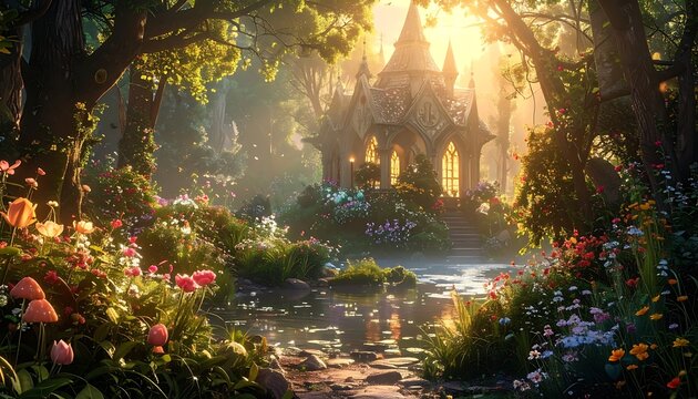 Sun-drenched glade with a gazebo, pond, and vibrant wildflowers in a fantastical forest landscape