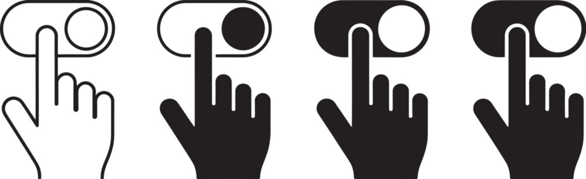 Set, of finger on switches vector icons featuring hand dragging sliders and on/off button controls in clean UI style ideal for app interfaces, settings panels, and interactive design systems.