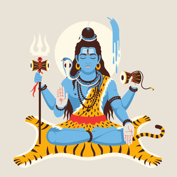 Lord Shiva meditating on tiger skin with trident and drum