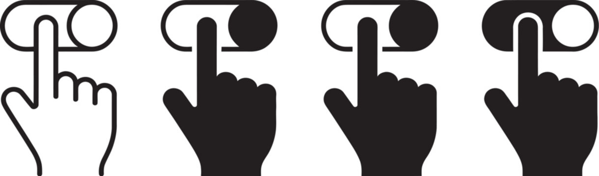 Set, toggle switch icon collection showing finger gestures with slider controls and on/off buttons in modern vector style perfect for user interface, web design, and control elements.