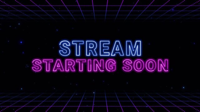 stream starting soon neon lights text on blue space grid and particles animation, streaming and broadcasting social media motion design element