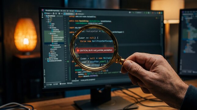 A close up view of a software developer hand holding a brass magnifying glass over a computer monitor displaying complex computer programming source code