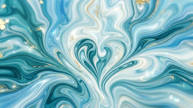 Abstract fluid art with heart shape, blue and gold colors, artistic background.