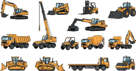 Industrial construction machinery vector set featuring excavator crane bulldozer dump truck forklift and heavy equipment vehicles © Jesika!