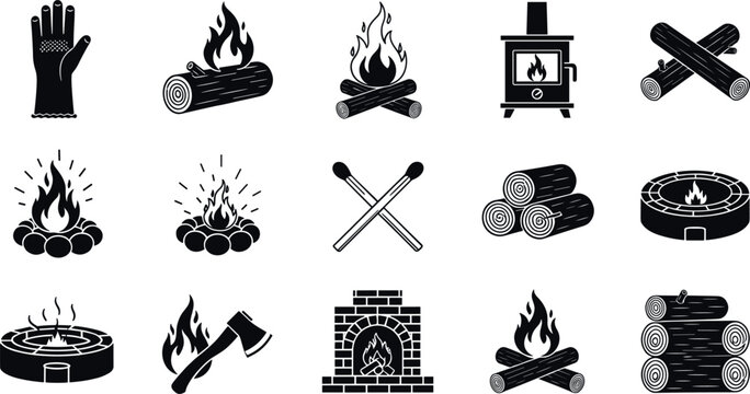 Campfire and fireplace silhouette icon set featuring burning wood outdoor camping and winter heating symbols