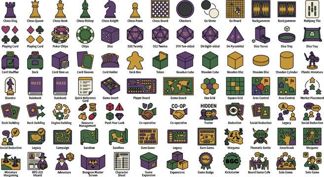Extensive board games and tabletop gaming icons collection. flat vector symbols depicting chess pieces dice pawns meeples cards various game elements for leisure and strategy