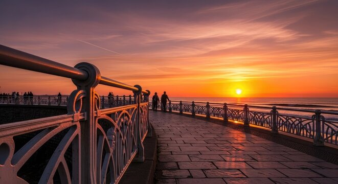 Brilliant orange sunset illuminates an ornate seaside promenade with silhouetted figures.