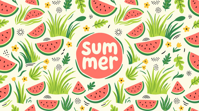 cute summer watermelon seamless pattern grass tropical background