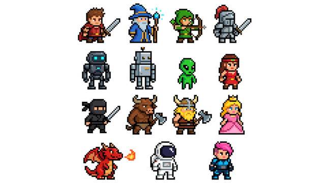 Pixel art fantasy character sprite sheet featuring knights, wizards, goblins, dragons and princesses for retro RPG games