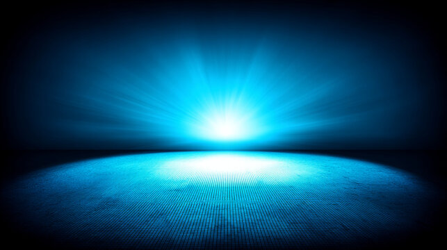 Digital blue light forming abstract pattern on dark floor with abstract, background