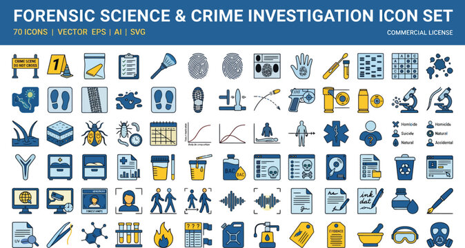 Forensic science and crime investigation icon set for research and analysis with test tube magnifying glass evidence bag research analysis laboratory evidence detective