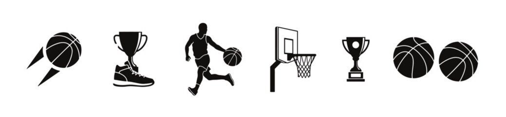 Basketball icon set featuring ball hoop player silhouette and scoreboard in vector style. Collection of basketball silhouettes and line icons featuring players in action sports equipment hoops courts  © maria