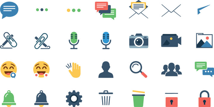 Communication and social media interface icons set with messages, email, microphone, camera, groups, settings and security