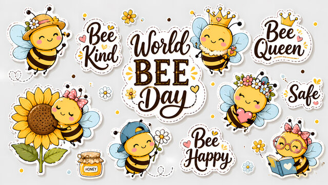 Illustration of bee stickers for World Bee Day concept