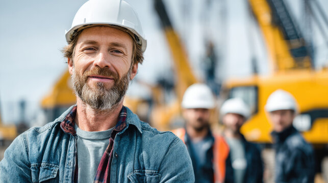 Professional Group of Construction Workers and Civil Engineers in Hard Hats Smiling at Industrial Building Site with Heavy Duty Yellow Cranes Background and Blue Sky During Day Shift Operations