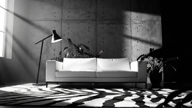 Minimalist monochrome interior design with white sofa, floor lamp, zebra rug, plants, and concrete wall under natural light