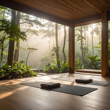 Serene yoga studio in forest retreat.