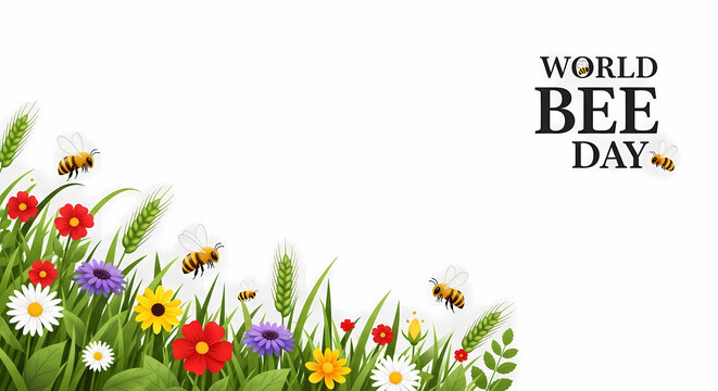 World Bee Day celebration with blooming wildflowers and buzzing bees, a message about protecting the environment 