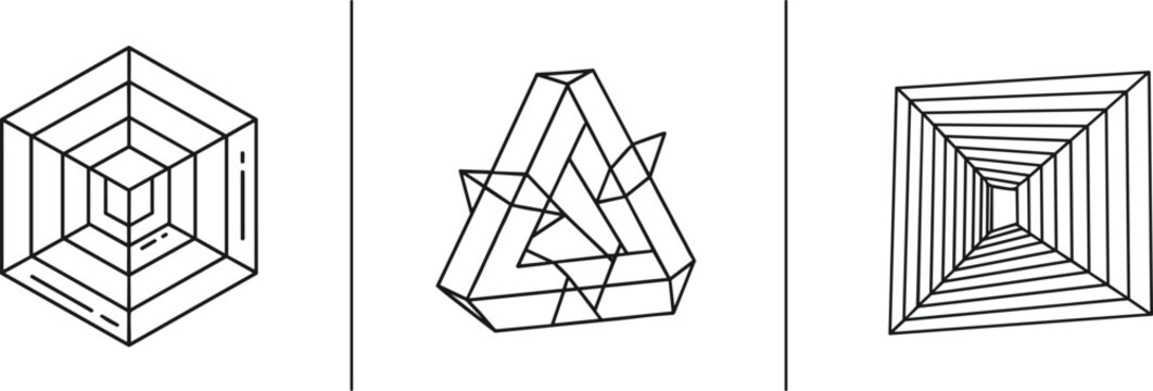 Minimal geometric optical illusion icon set with cube impossible triangle and layered square shapes for modern abstract design projects