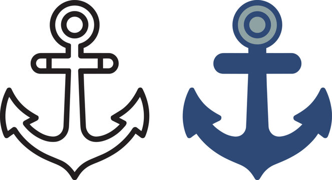 Anchor icons set in outline and colored styles with nautical maritime equipment on white background