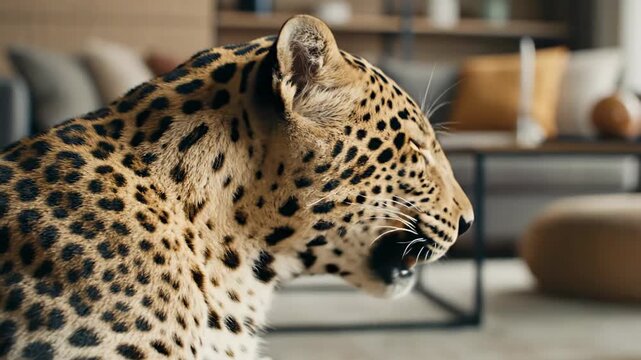 A majestic leopard with blue eyes sits inside a modern living room as an exotic domestic pet.