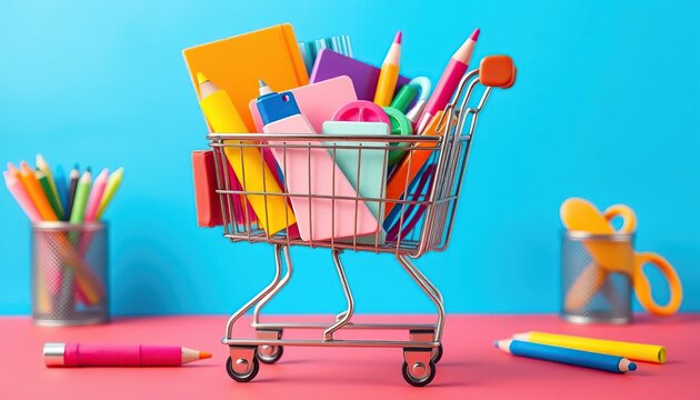 Miniature metal shopping cart overflowing with colorful school supplies pencils and notebooks on vibrant blue and pink background back to school retail concept