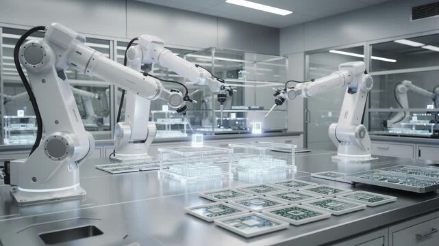 Advanced robotic arms assembling glowing futuristic microchips in a sleek high tech laboratory environment