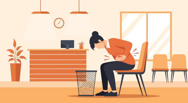 Woman Experiencing Stomach Pain While Sitting in Waiting Room, Illustration