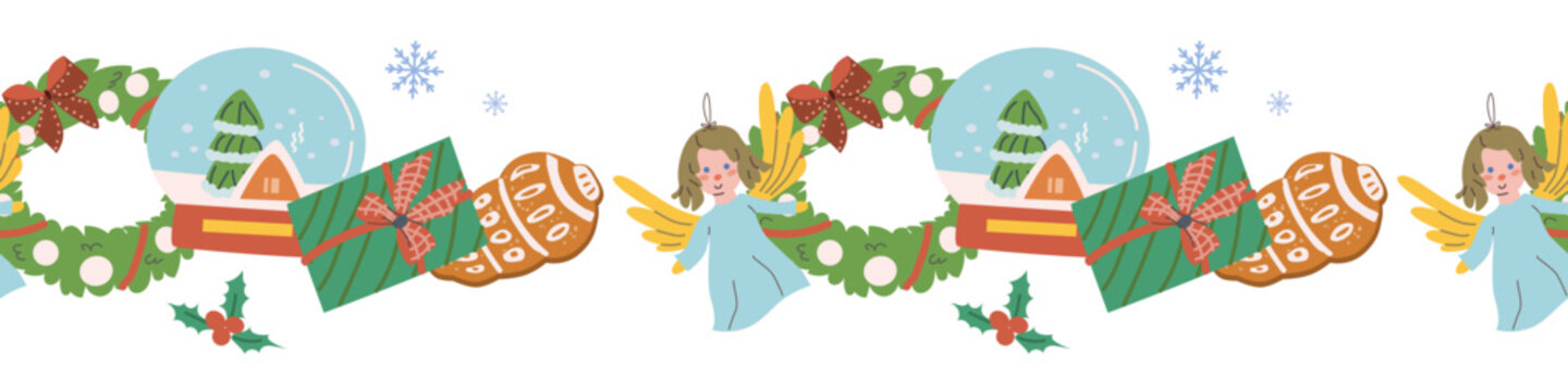 Christmas border pattern with festive decorations and toys. Snowball, angel, gingerbread and present with holly plant.