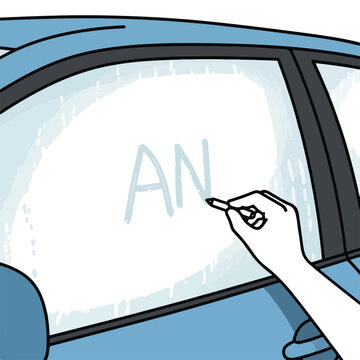 A hand draws the letters 'AN' onto a blue car window covered in condensation