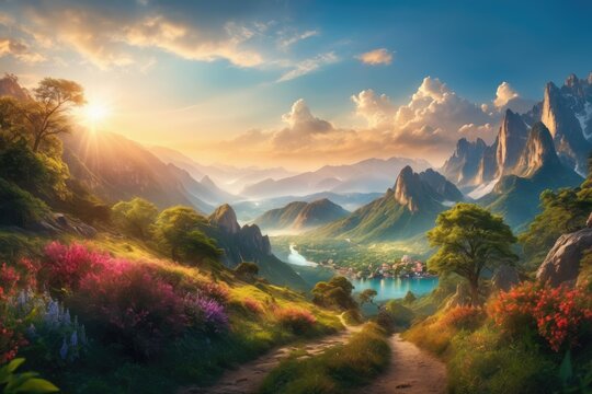Nature landscape, rive, mountains, flower, grass and tree. Mountain landscape, path and distant building.