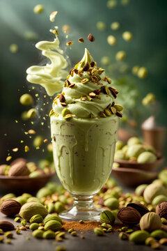 Pistachio icecream with mapple syrup and chocolate, realistic render  smoke,  dramatic lighting and cinematic lighting.
