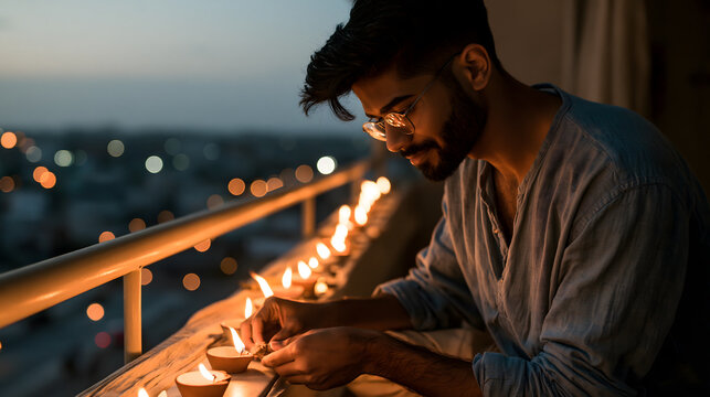 Radiant Moments: A man tenderly lights a row of oil lamps on a balcony at twilight, casting a warm, inviting glow against a blurred cityscape backdrop.