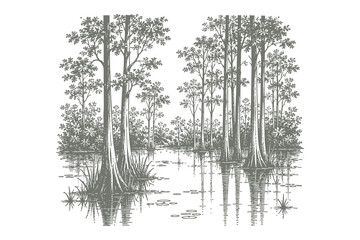 Cypress Trees in a Swamp Wetland in Vintage Etching Style Vector Illustration for Bayou Landscape and Environmental Conservation Graphic Design Projects © Chairul