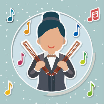 Cartoon Musician with Violin Bows and Musical Notes