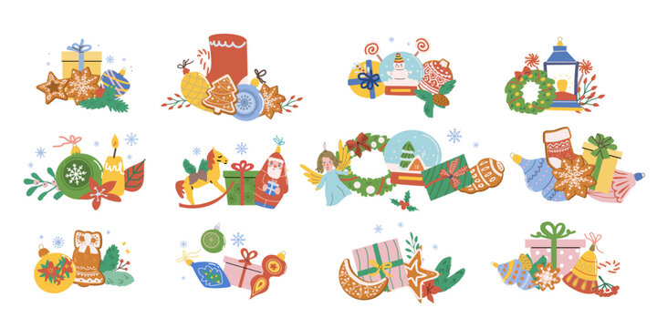 Cartoon christmas cookies and baubles compositions set. Cute festive elements for christmas stickers and greeting cards, borders. Cartoon flat illustration in retro style.