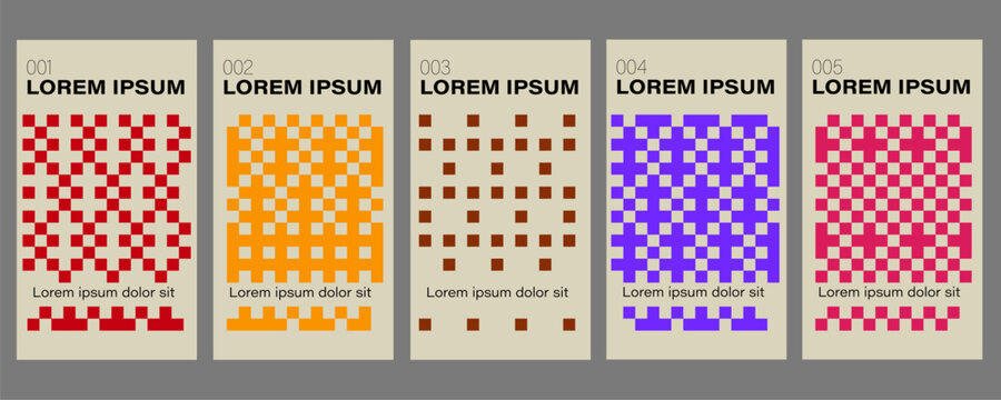 Retro geometric halftone posters set with pixel square patterns, checkerboard grids and colorful minimalist vintage style