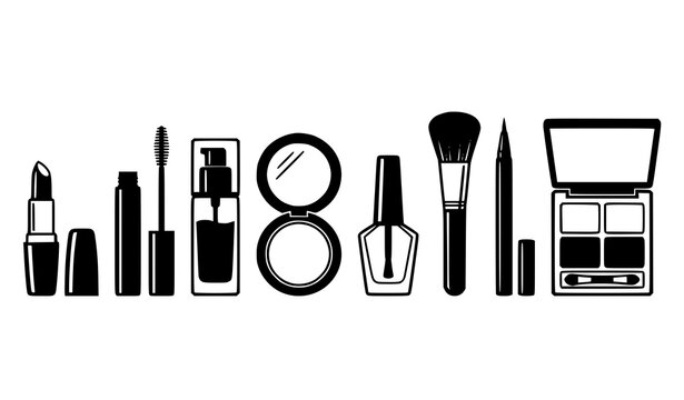 Minimal black and white cosmetic makeup product lineup vector illustration set for beauty branding design