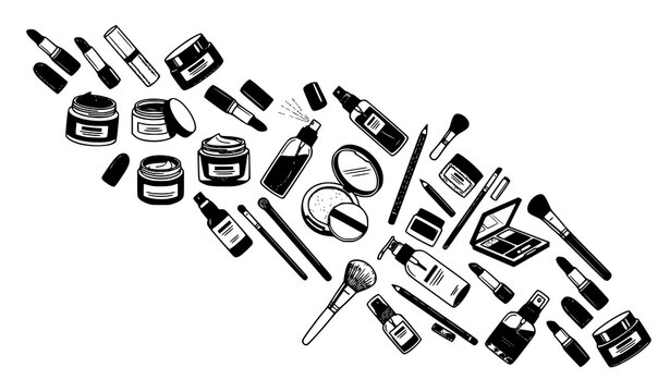 Abstract black and white flat lay cosmetic makeup vector illustration set for modern beauty product design elements