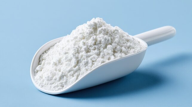 A white scoop filled with white corn starch powder isolated on white background