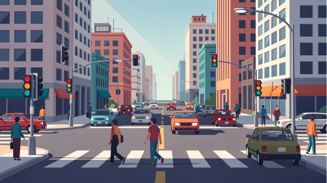 People crossing city street with traffic.