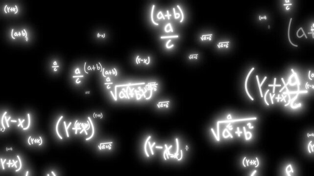 Glowing Blue Math Formulas and Geometry Theory with Fast Camera zooming Motion video. Scientific Mathematical animation on black Background.