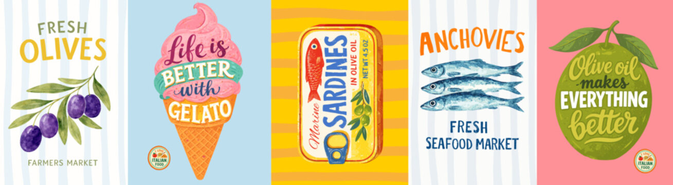 Italian food poster set with olives, sardines, gelato, anchovies and olive oil. Retro mediterranean kitchen illustrations for market decor, packaging, menu and branding.